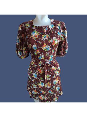 True Vintage Dress sz 7 1970's Boho Plain Jane San Francisco Floral Puff Sleeve